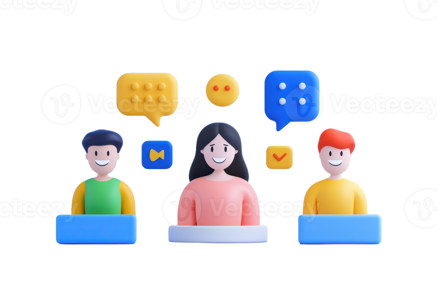Three stylized characters engage in a virtual conversation, surrounded by colorful chat bubbles and icons representing communication. png