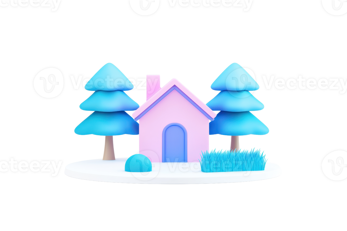A pastel-colored house surrounded by trees, featuring a door and a chimney, set on a small patch of grass. png