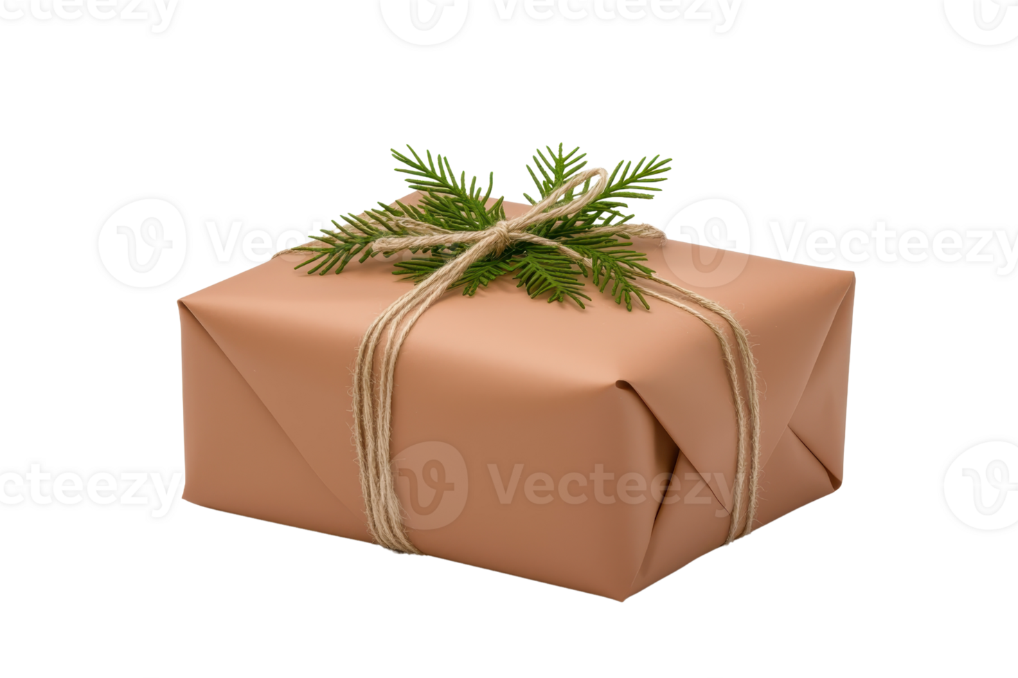 A neatly wrapped gift box adorned with twine and a sprig of evergreen. png