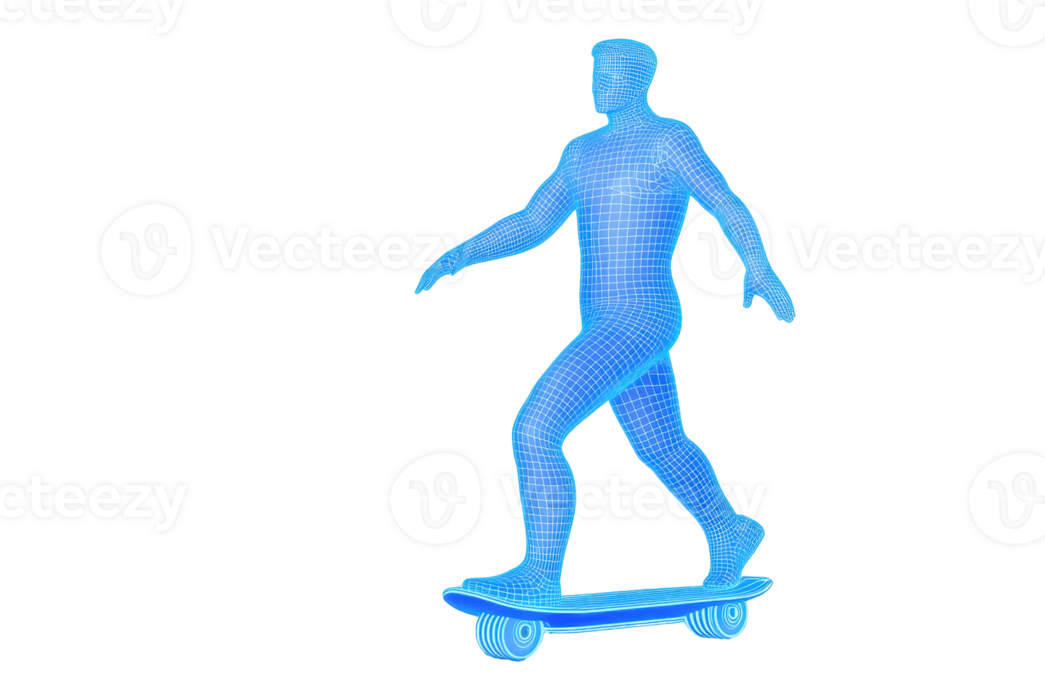 A digital representation of a person riding a skateboard, depicted in a blue wireframe style. png