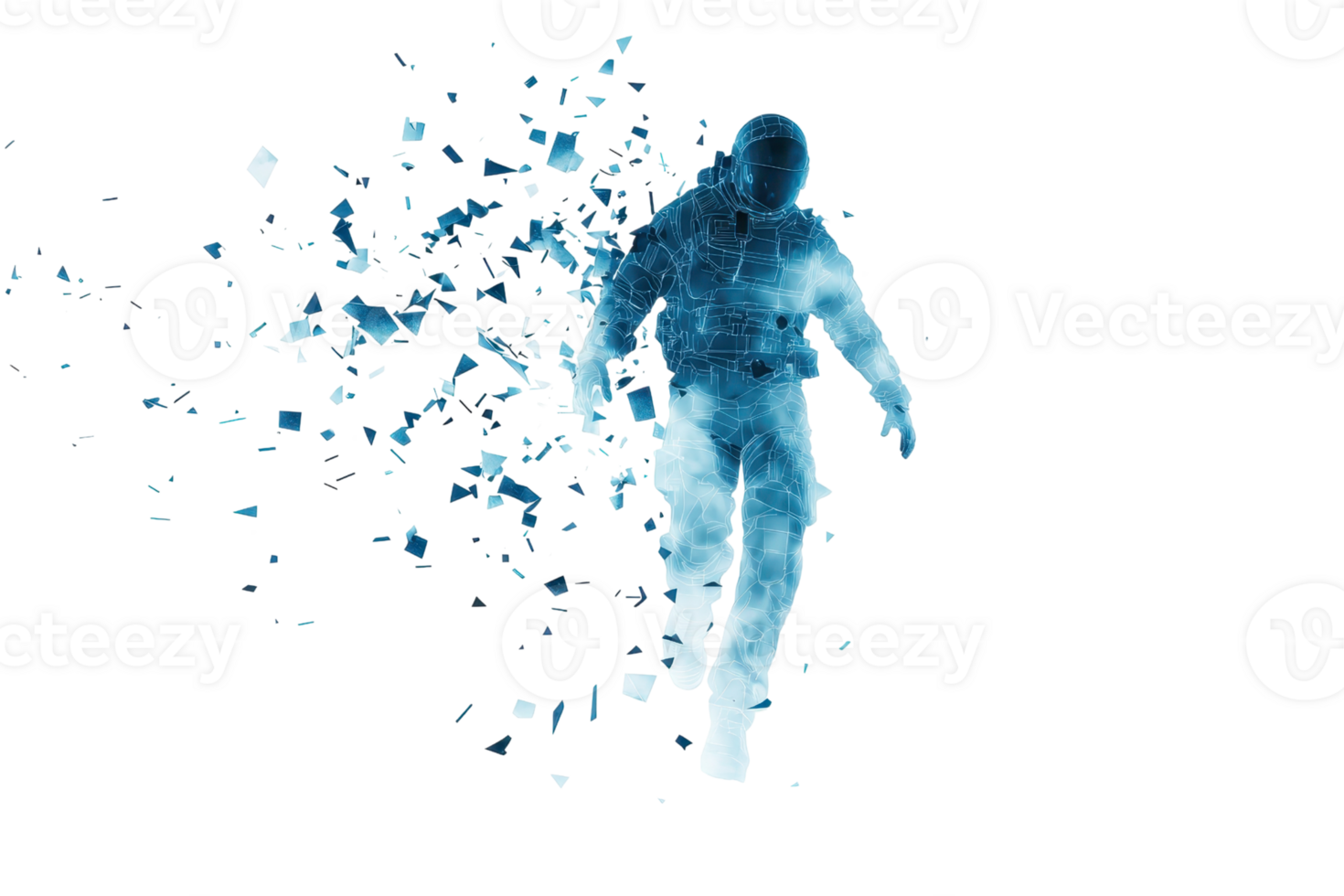 A figure appears to be breaking apart, made of blue particles, depicting an ethereal or fragmented human form. png