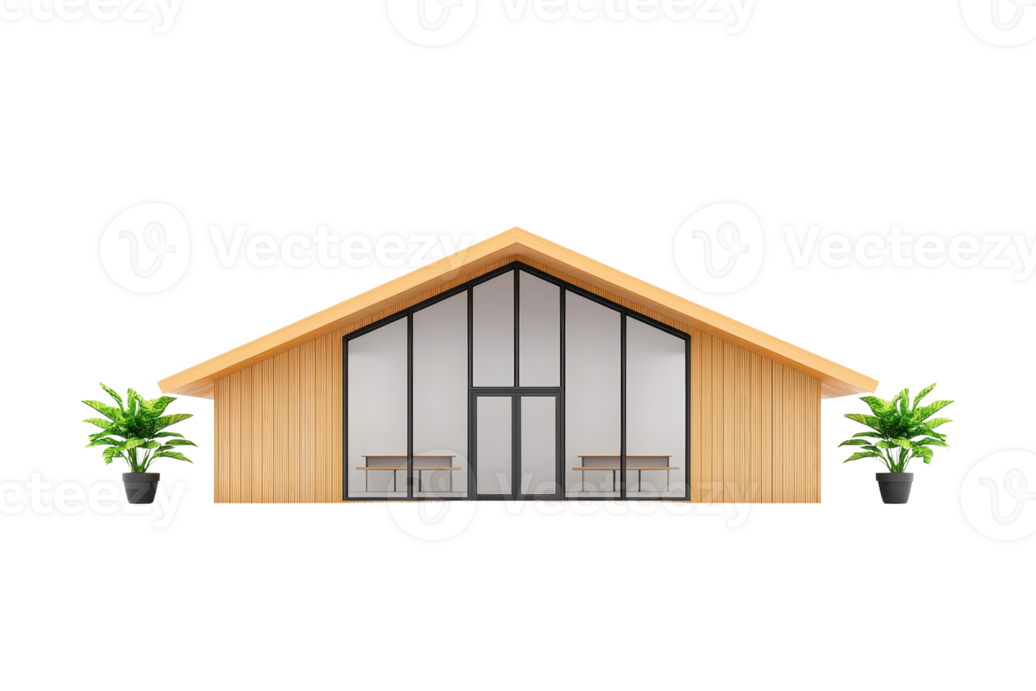 A modern wooden house with large windows and two potted plants on either side. png