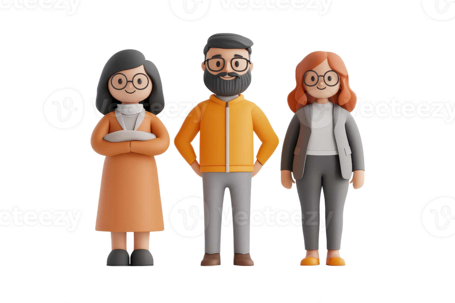 Three stylized figures in casual attire, each with distinctive hairstyles and glasses, representing a diverse group of people. png
