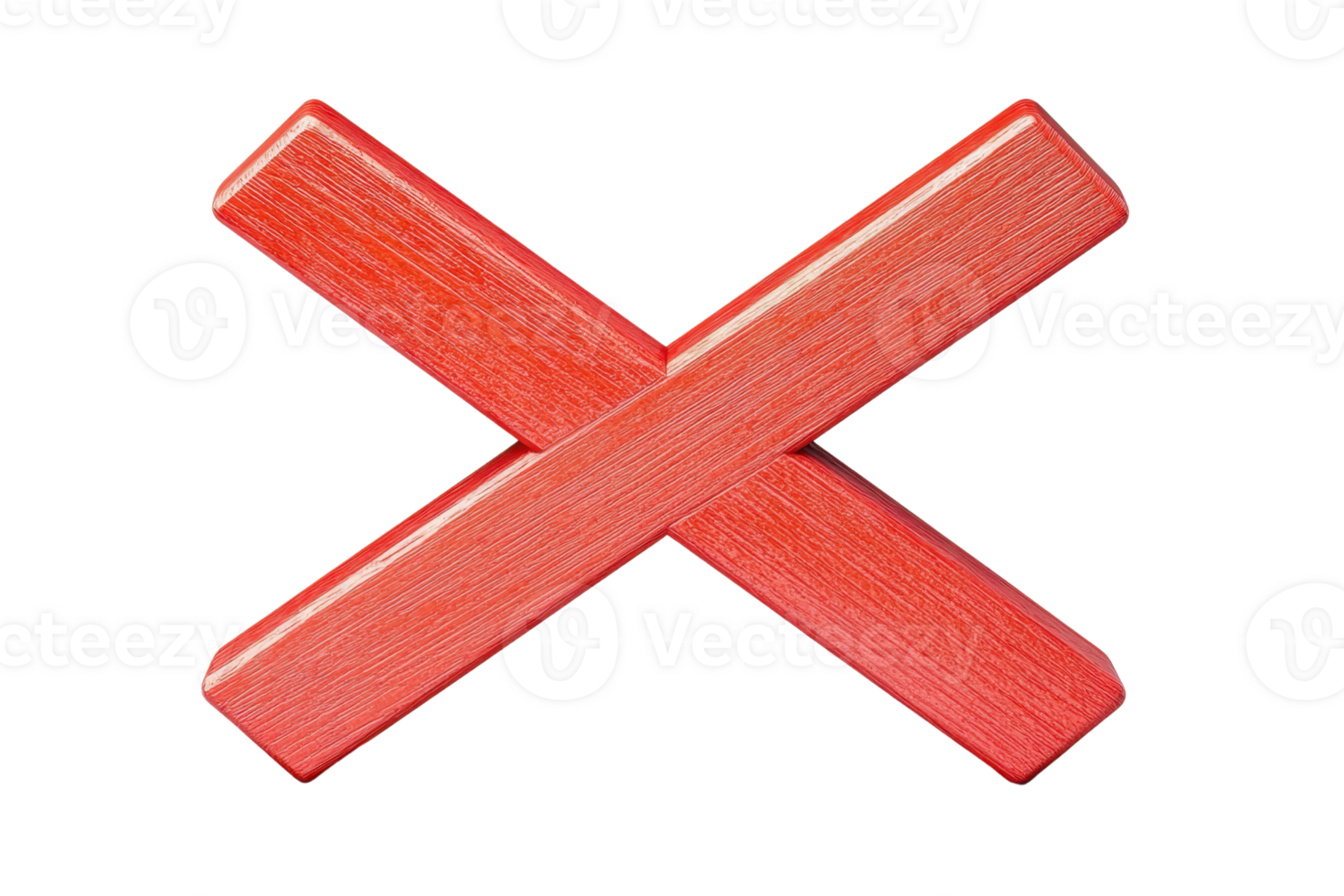 A bold red wooden cross shape intersecting at the center, showcasing a smooth texture and vibrant color. png