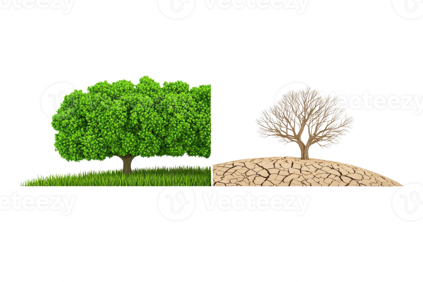 A vibrant green tree contrasts with a dry, leafless tree, symbolizing the impact of environmental changes. png