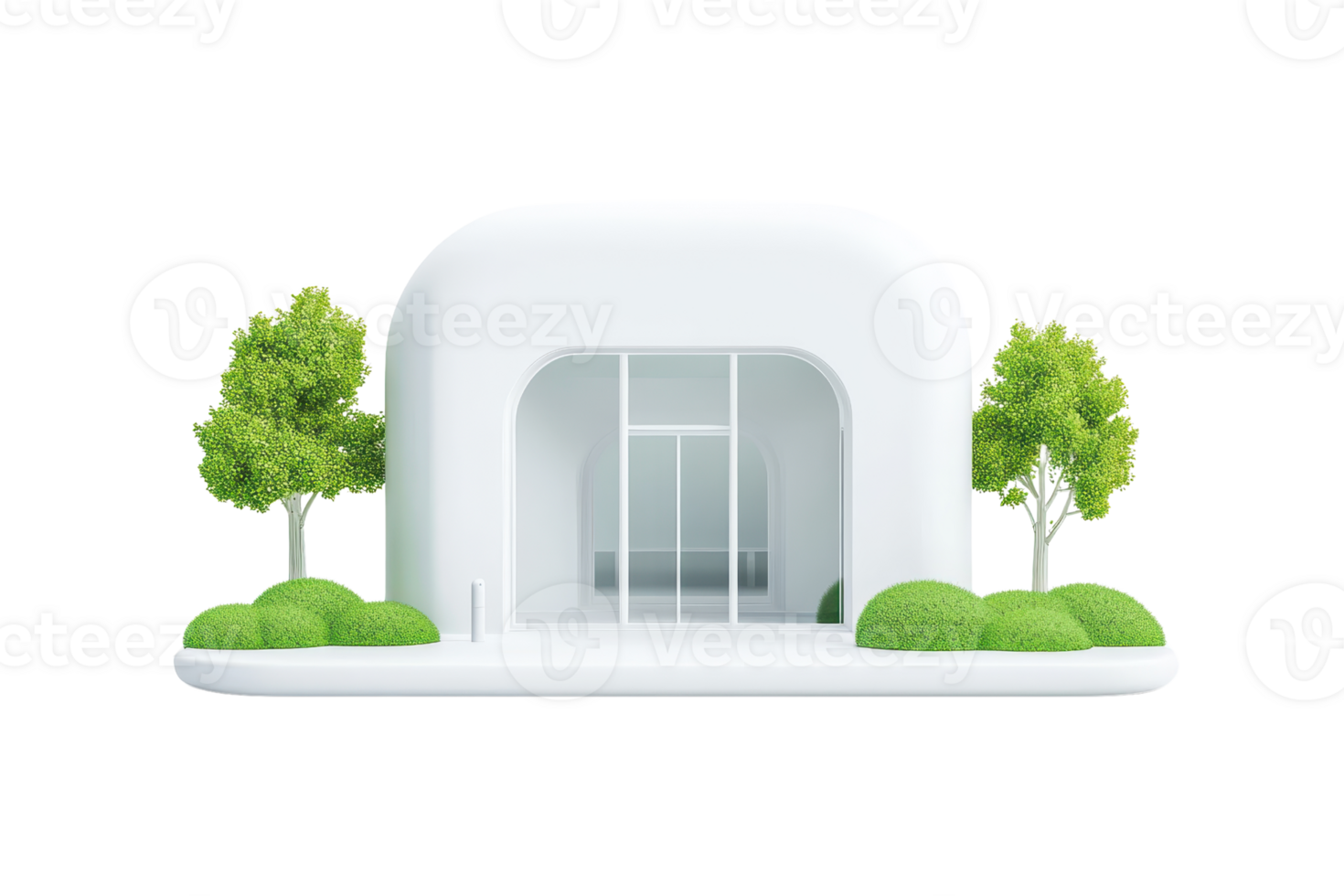 A modern, minimalist building with a rounded white facade, large glass entrance, and lush greenery surrounding it. png
