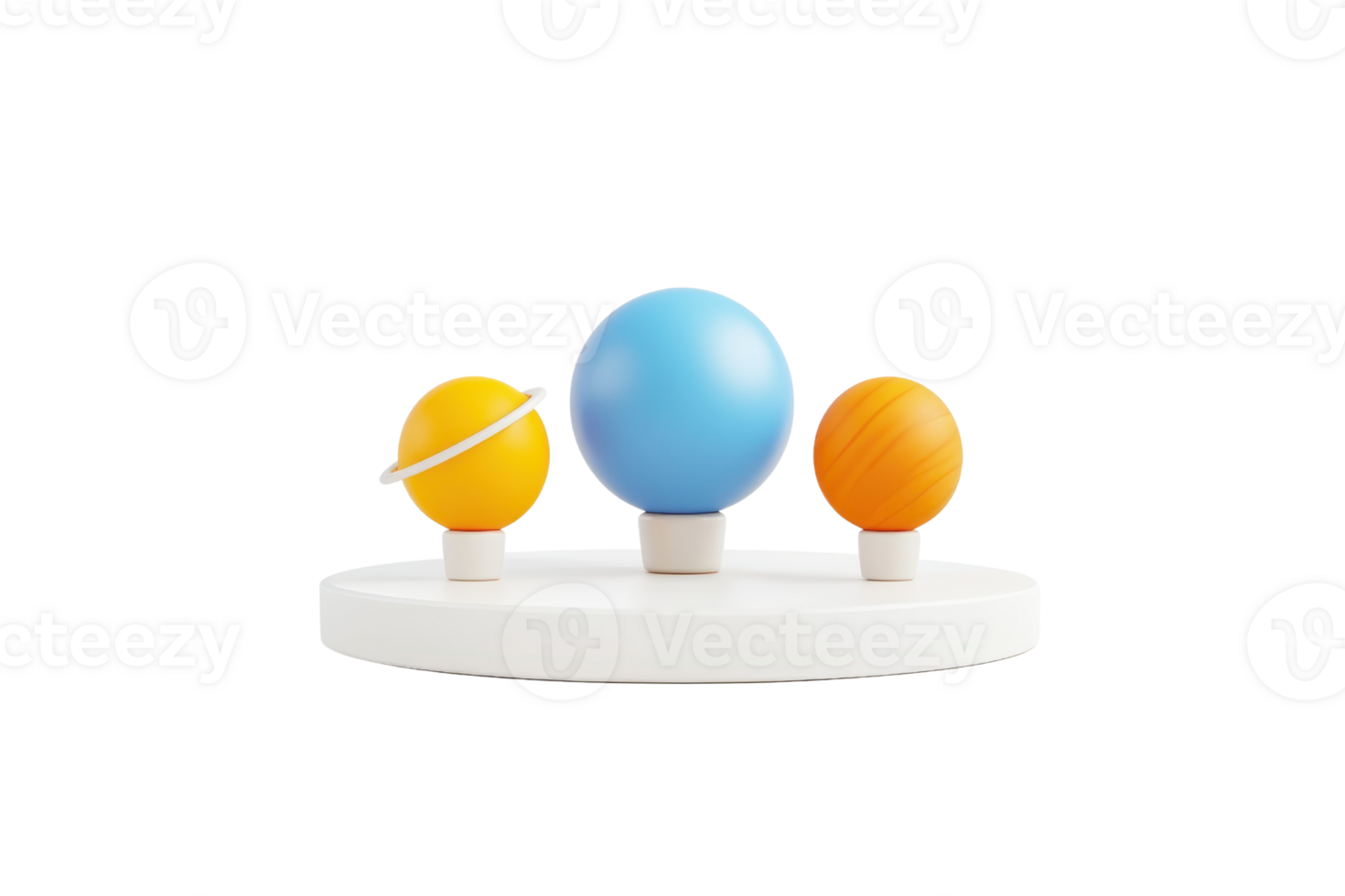 A miniature model of three colorful planets arranged on a circular base, showcasing different sizes and distinct colors. png