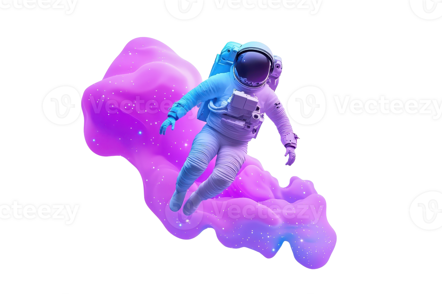 An astronaut floats through a vibrant, swirling cloud of purple and blue colors. png