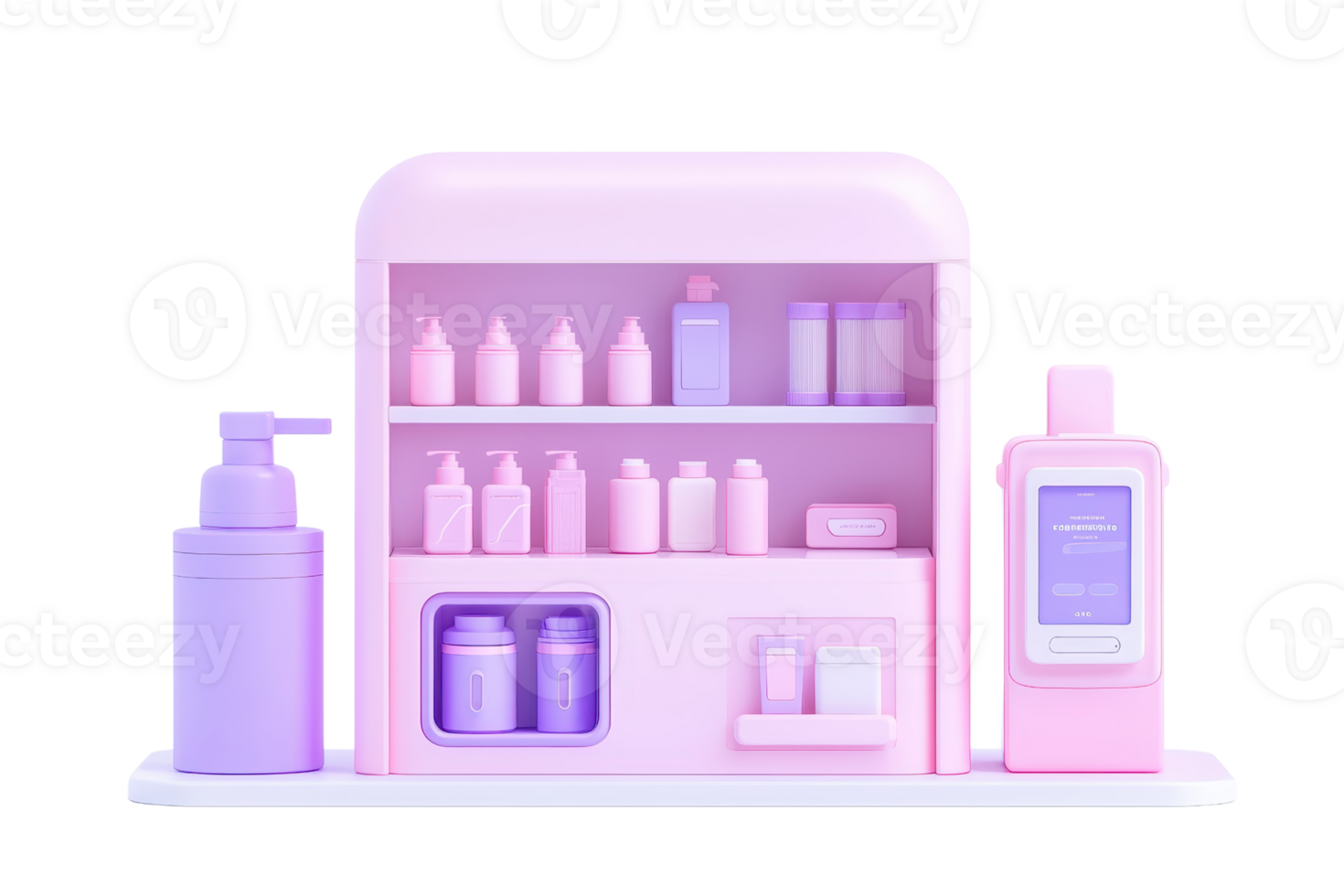 A colorful display of various skincare and beauty products arranged neatly on a modern shelf. png