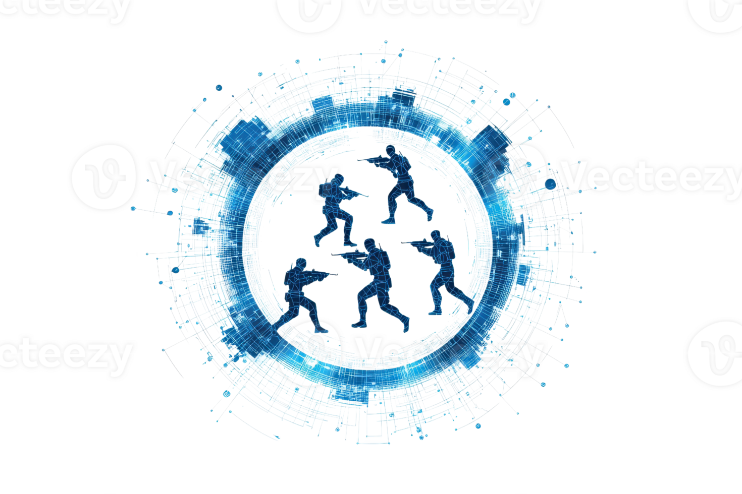 A circular digital design featuring multiple figures in motion, created with blue lines and geometric patterns. png