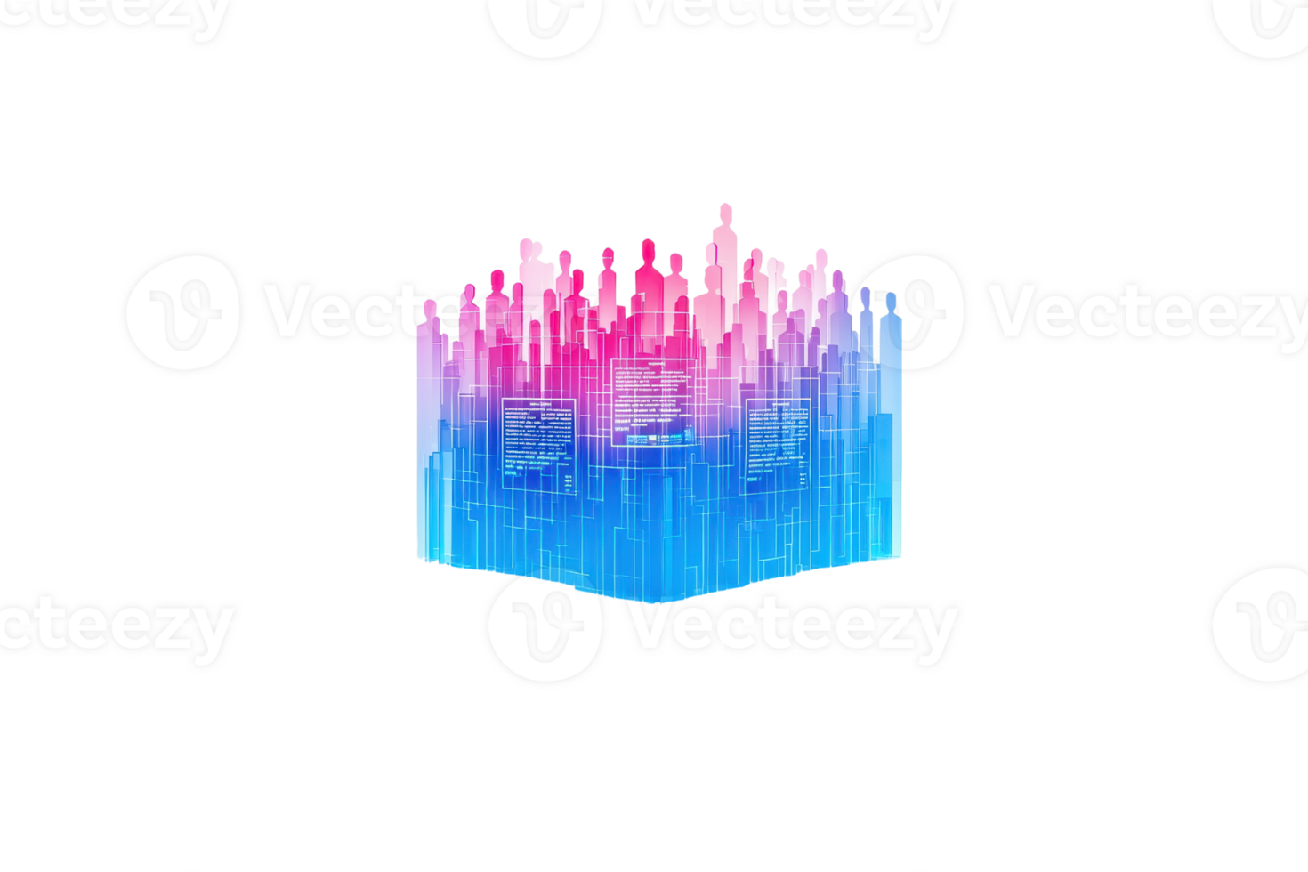 A colorful visual representation of sound waves with peaks and valleys, showcasing a vibrant gradient in pink and blue tones. png
