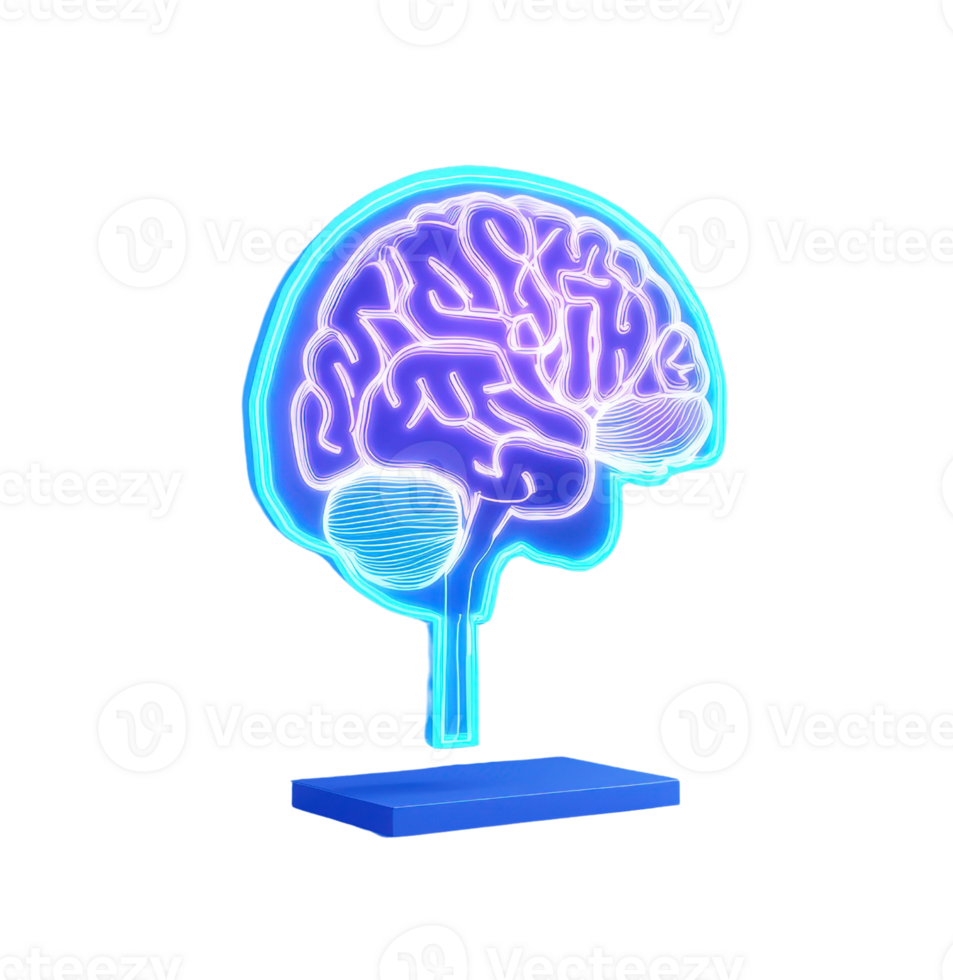 A glowing blue neon brain model showcasing intricate neural pathways and structures. png