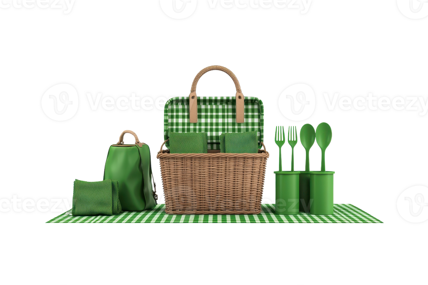 A green picnic set featuring a wicker basket, checkered cloth, and utensils arranged neatly for outdoor dining. png