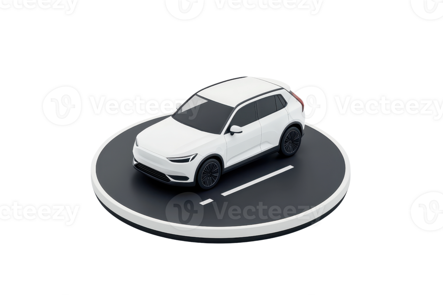 A sleek white SUV model displayed on a circular platform, showcasing its modern design and features. png
