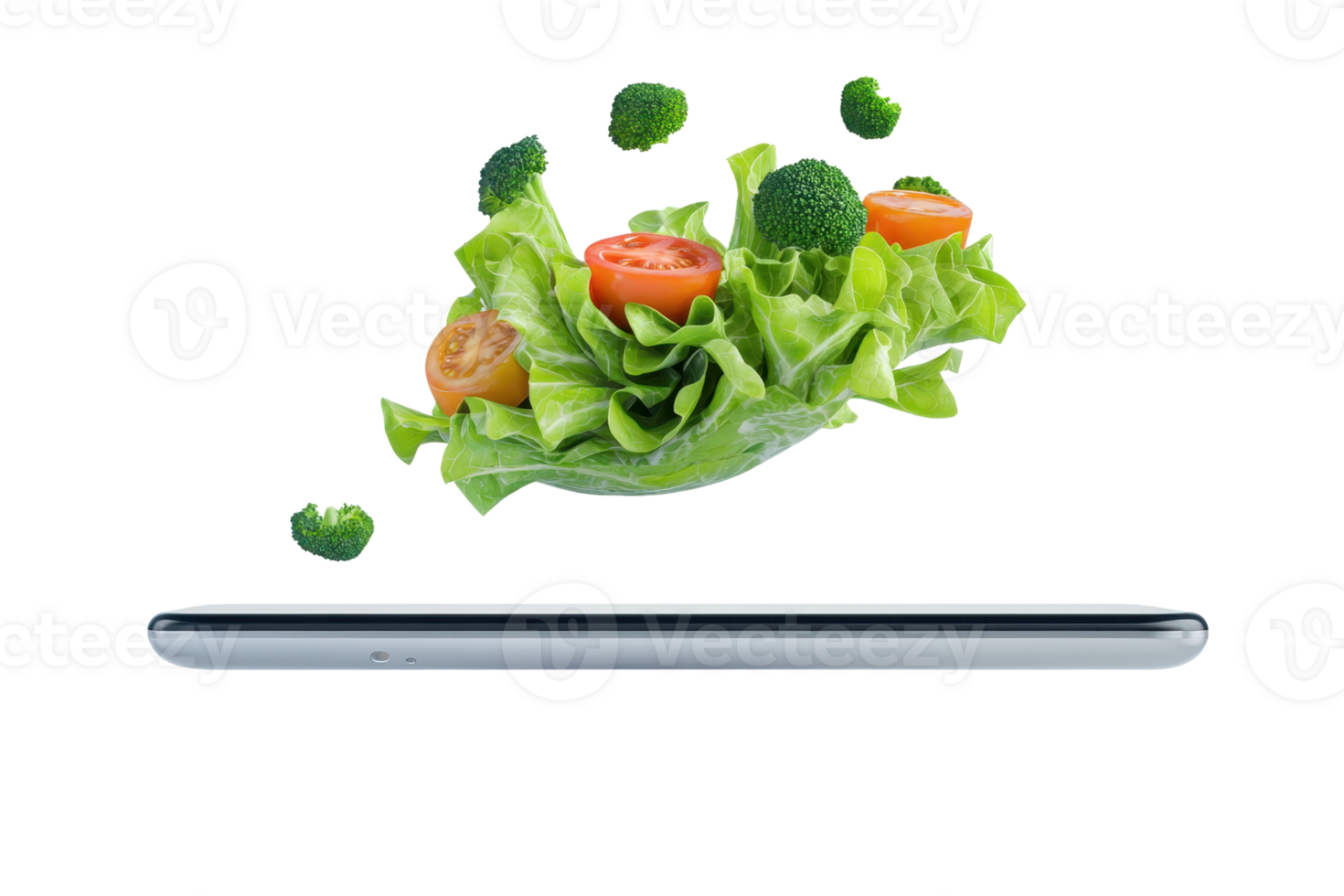 A vibrant salad with lettuce, tomatoes, and broccoli appears to hover above a sleek smartphone, showcasing a blend of technology and freshness. png