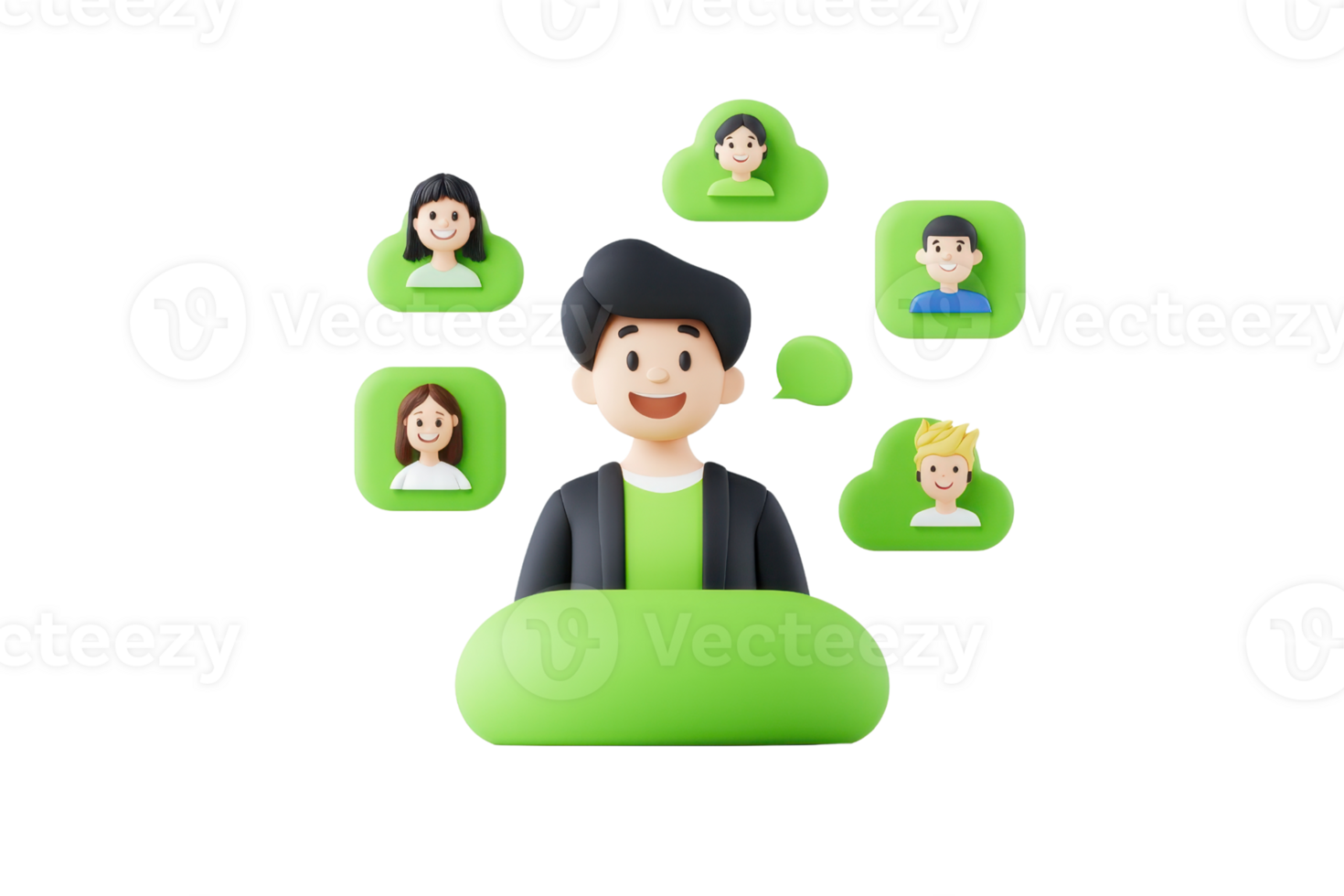 A cheerful character interacts with multiple chat bubbles showing diverse faces, symbolizing communication and connection. png