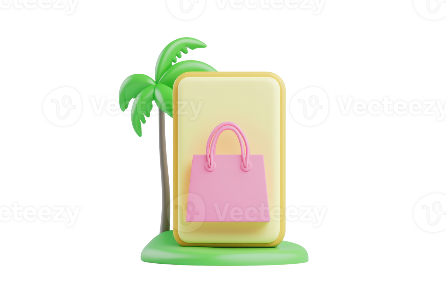 A colorful, playful design featuring a shopping bag icon next to a palm tree on a vibrant base. png