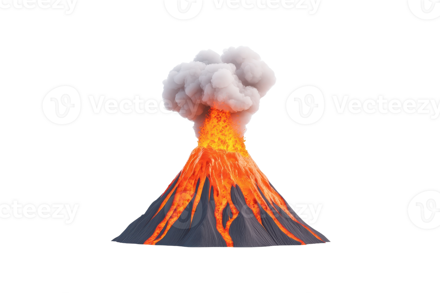 A volcanic eruption with lava flowing and smoke billowing from the summit. png