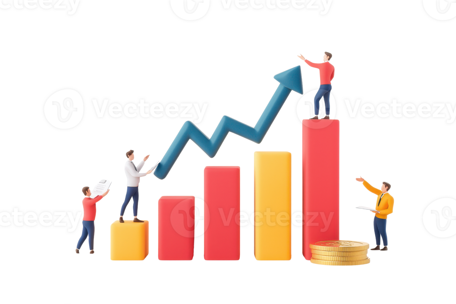 The image features colorful bar graphs with miniature figures interacting and pointing upwards, symbolizing growth and progress. png