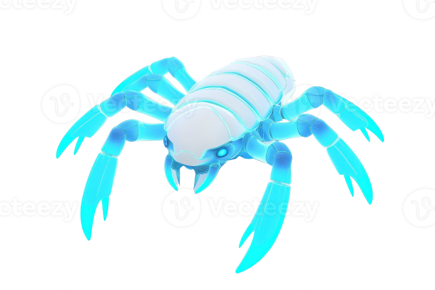 A stylized, glowing blue crab with prominent claws and segmented body, showcasing a unique and vibrant design. png