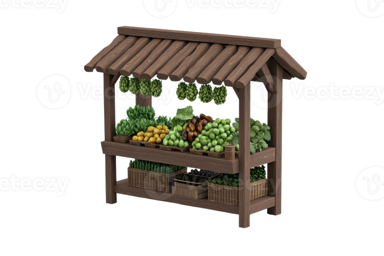 A wooden market stall displaying a variety of fresh fruits and vegetables in baskets. png