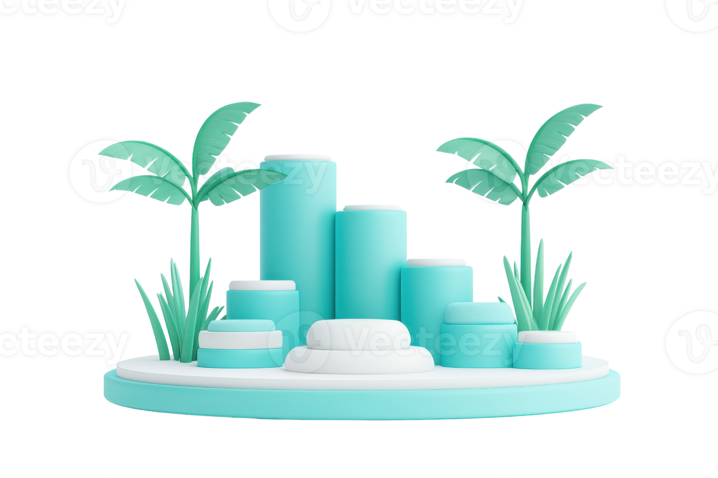 A modern, stylized scene featuring cylindrical structures in shades of turquoise, complemented by green palm leaves and lush grass elements. png