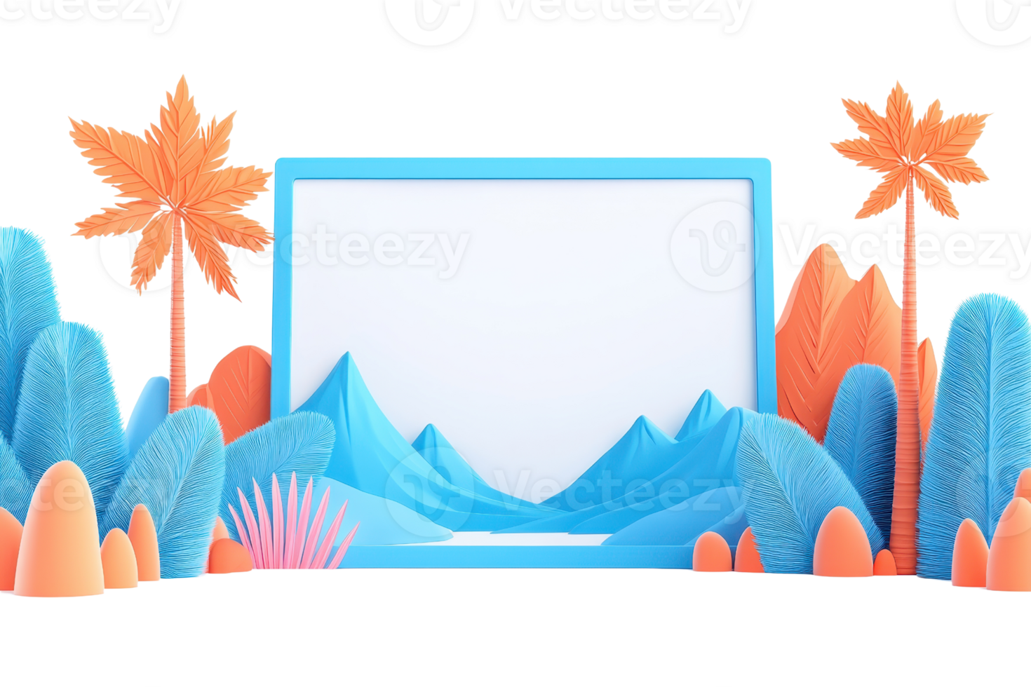A colorful, stylized landscape featuring abstract mountains, cacti, and palm trees with a blank frame at the center. png