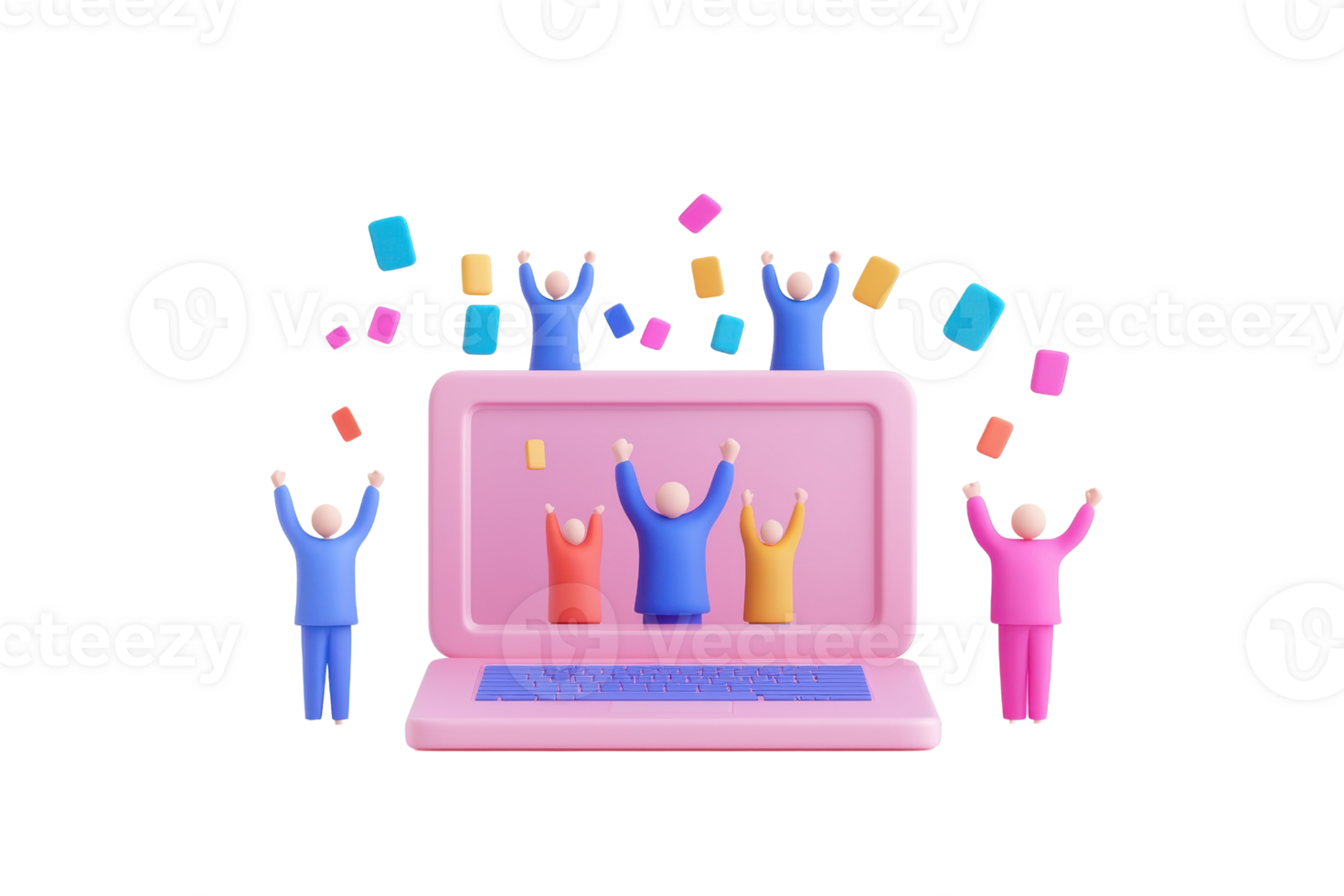 A colorful laptop with animated figures celebrating and tossing objects in the air, symbolizing digital interaction and joy. png