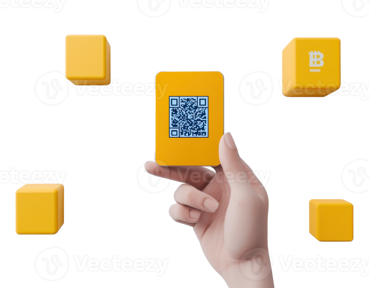 A yellow cube with a QR code is held in a hand, surrounded by similar cubes, emphasizing connectivity and technology. png