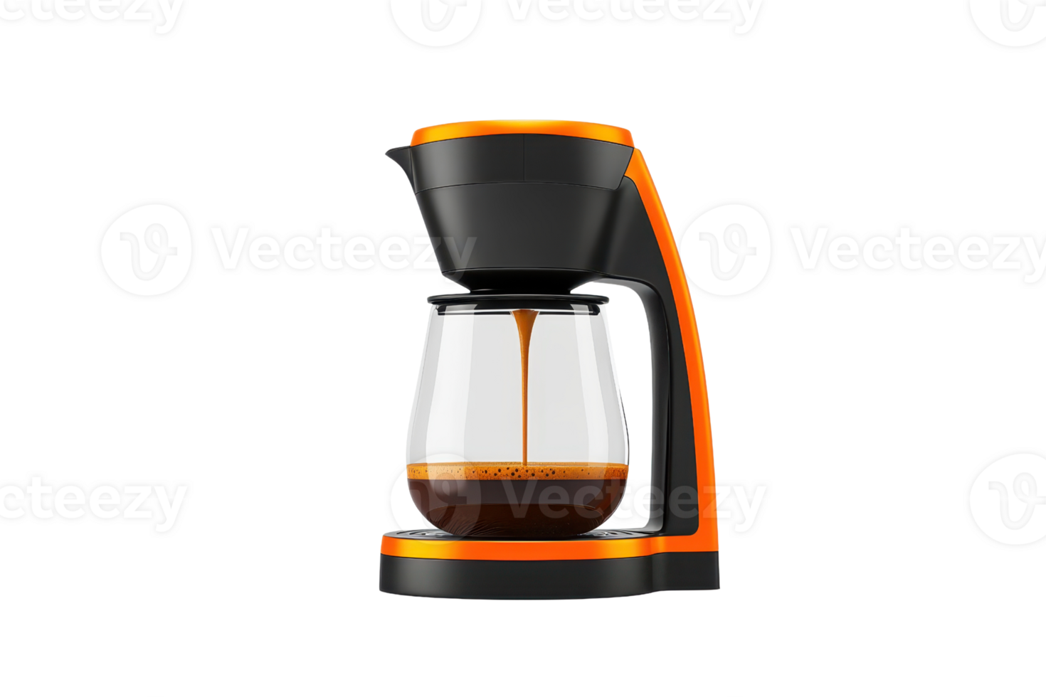 A sleek coffee maker with a glass carafe and vibrant orange accents, designed for brewing fresh coffee. png