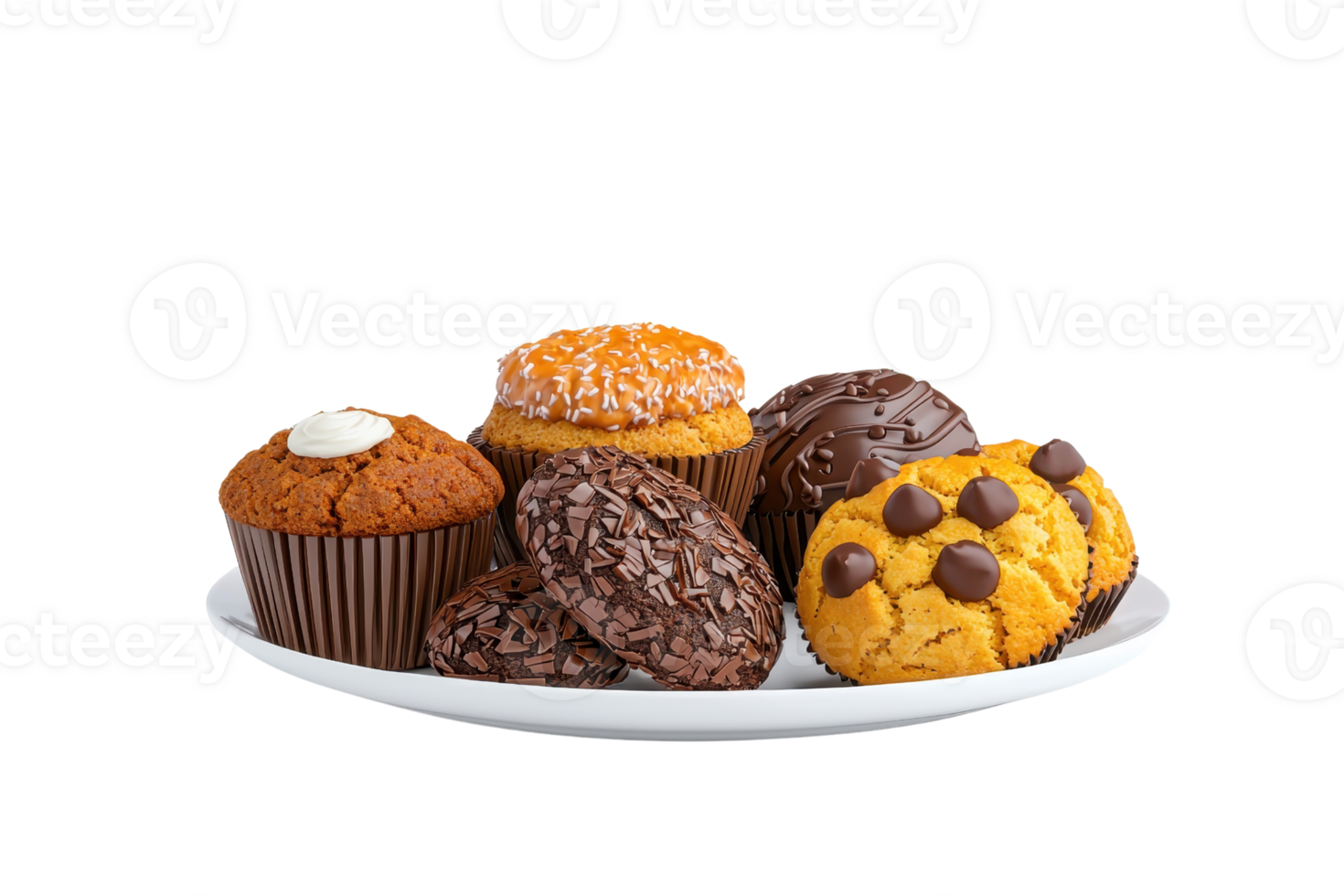 A variety of delicious baked goods including muffins and cookies displayed on a white plate. png