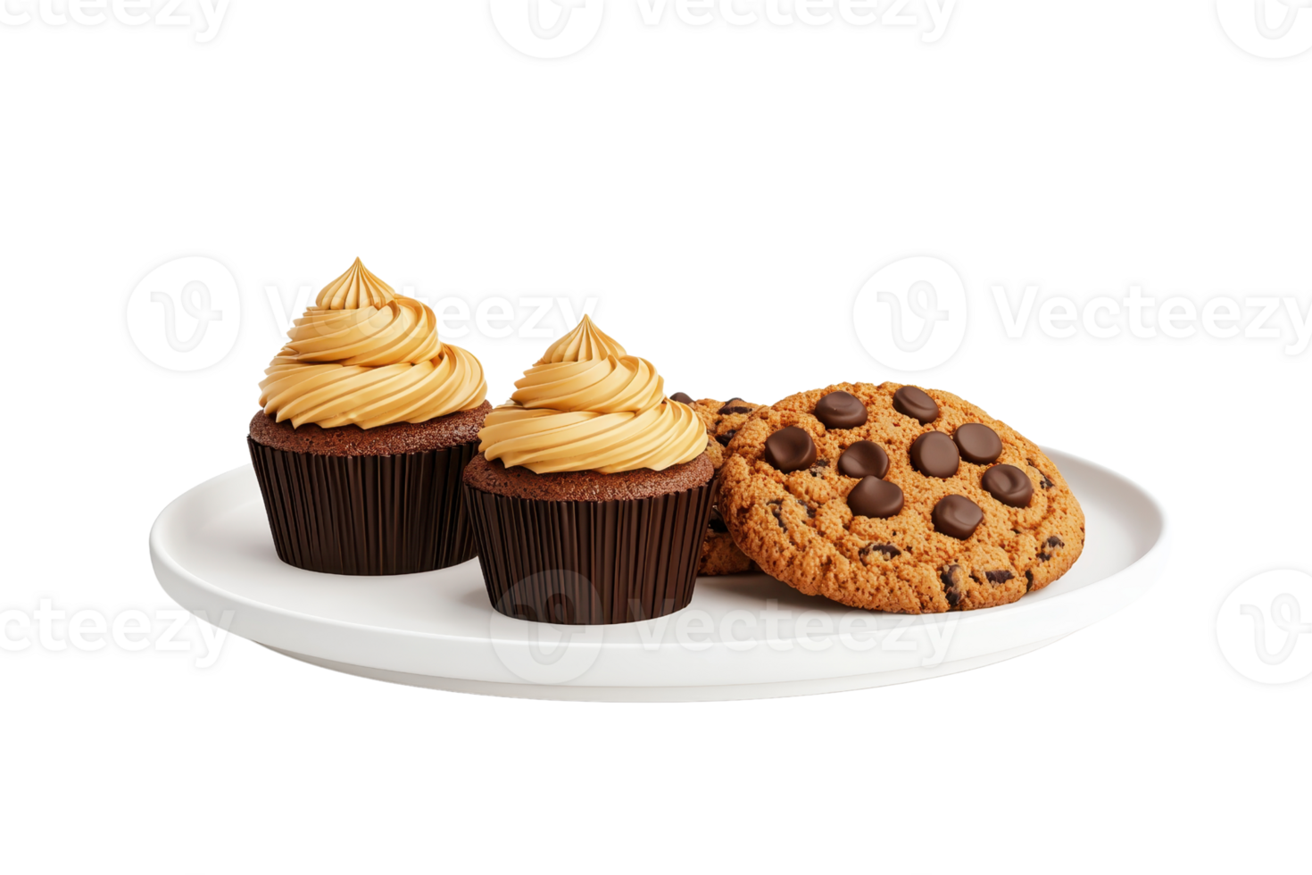 A plate featuring two cupcakes topped with swirls of frosting and a chocolate chip cookie. png