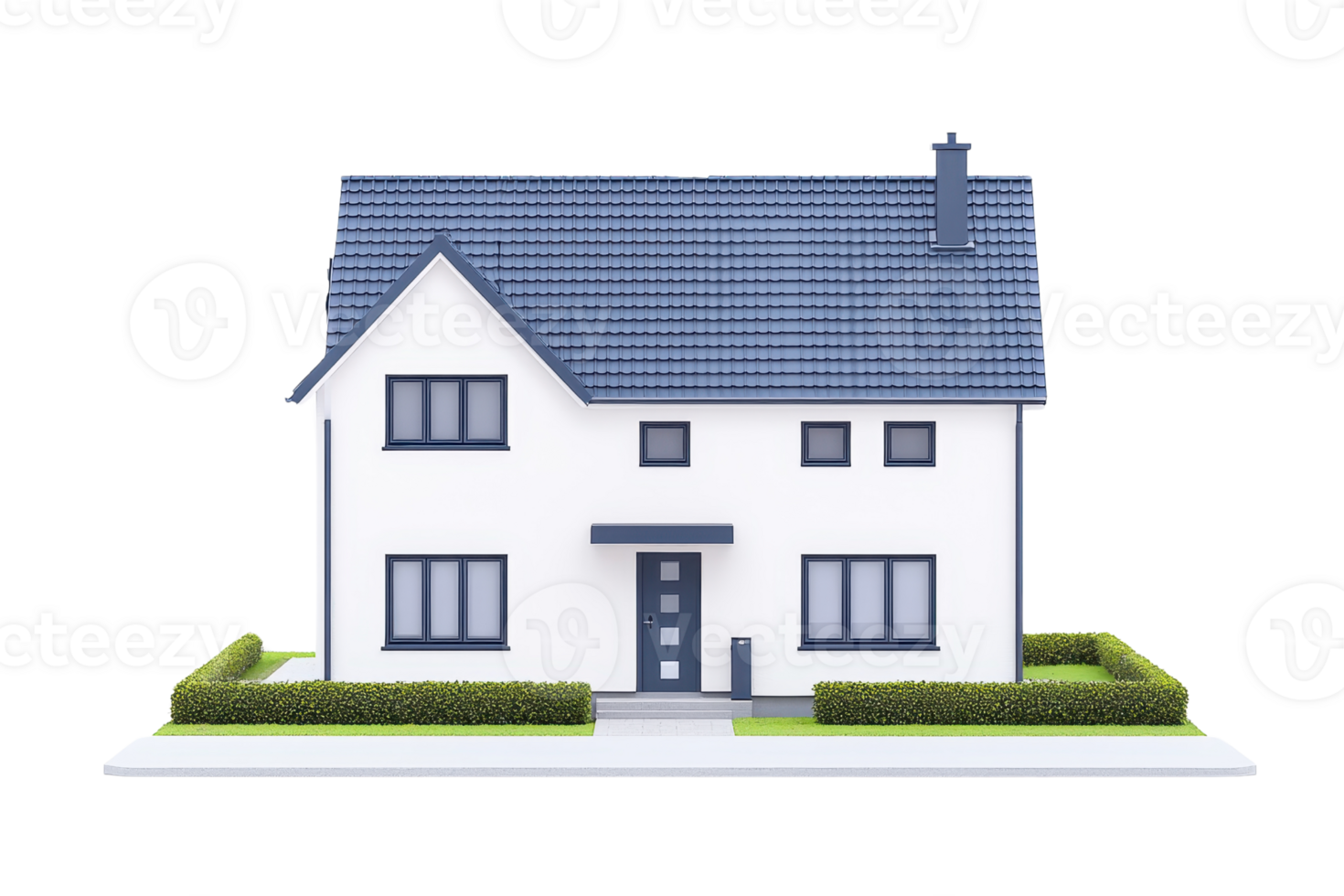A modern two-story house with a gabled roof, white walls, and blue accents surrounded by neatly trimmed hedges. png