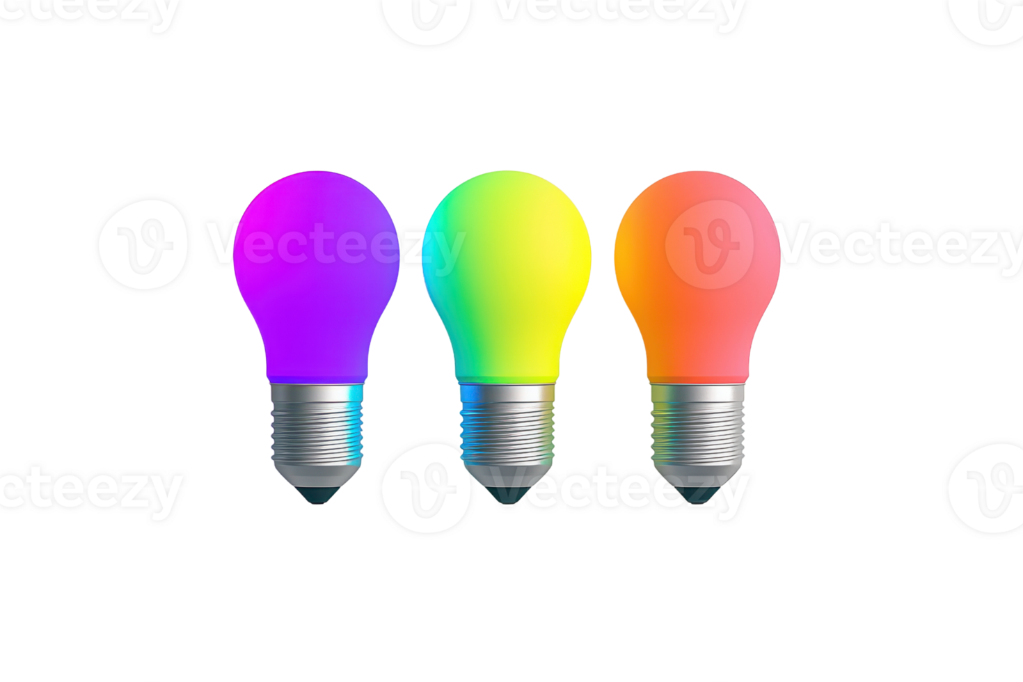 Three colorful light bulbs in shades of purple, yellow, and orange, showcasing vibrant hues and modern design. png