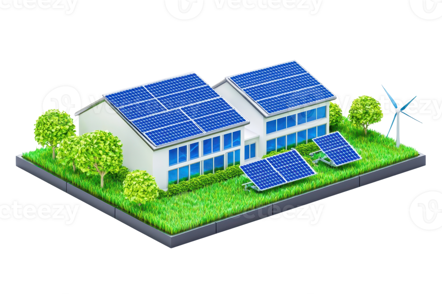 A modern house featuring solar panels on the roof and surrounding greenery, highlighting sustainable energy solutions. png