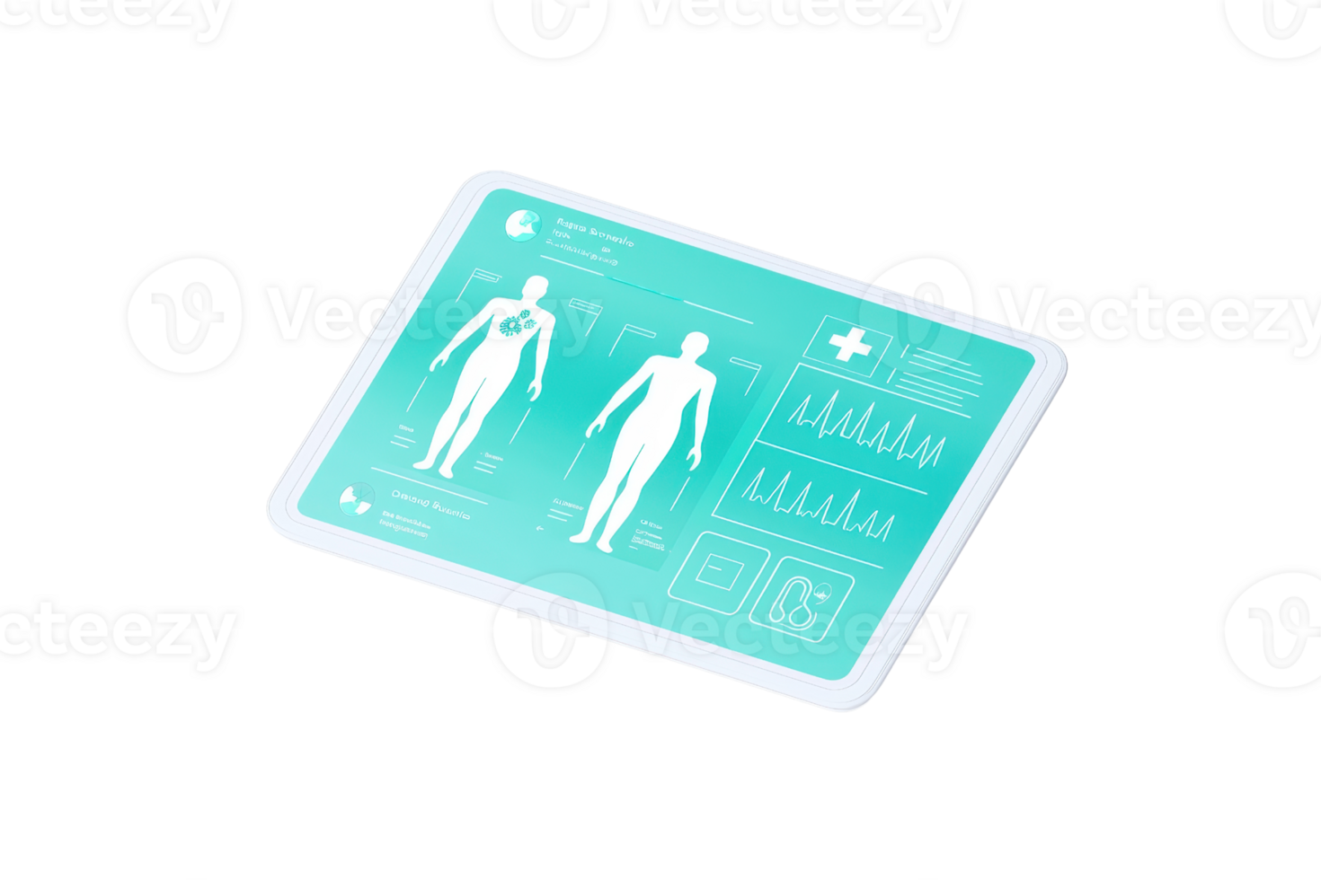 A digital health monitor displaying human figures and vital sign graphs, emphasizing health metrics and medical data. png