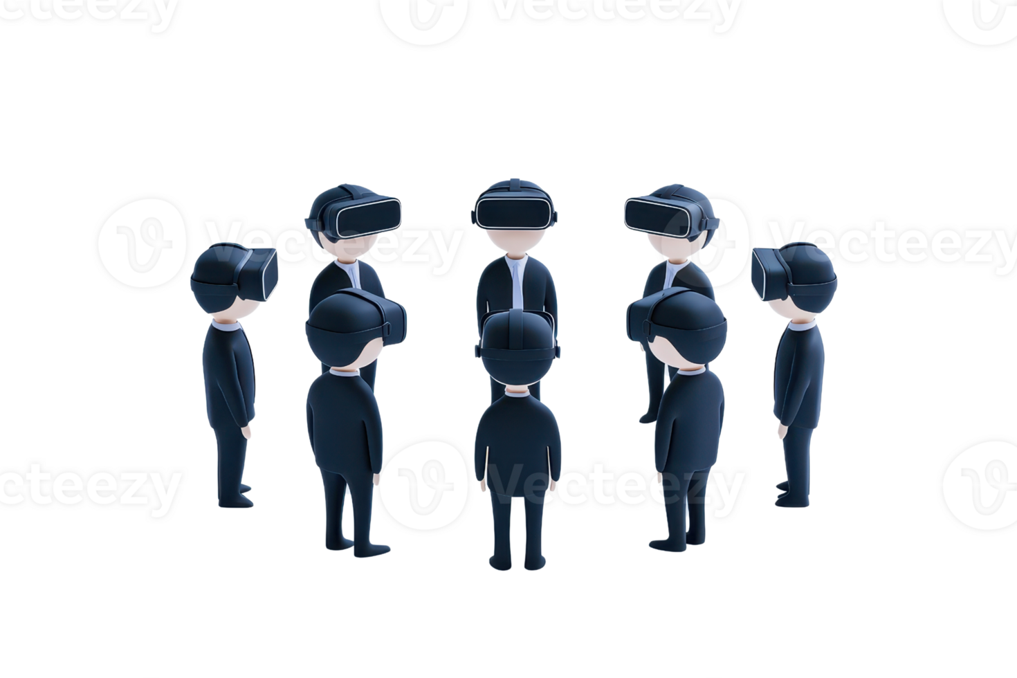 A group of stylized figures wearing virtual reality headsets engaged in a collaborative experience. png