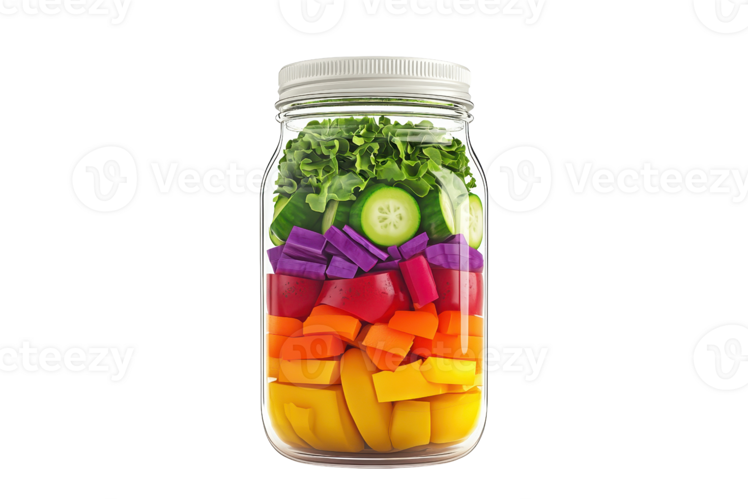 A vibrant jar filled with layers of colorful chopped vegetables, showcasing a healthy and appealing mix of textures and hues. png