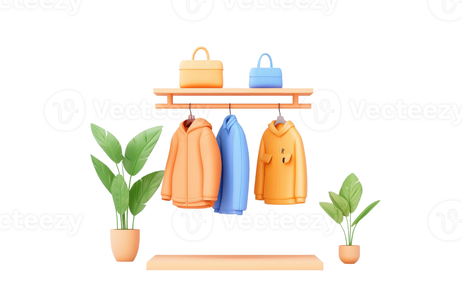 A shelf displays colorful clothing items, including orange and blue jackets, alongside stylish plant pots. png