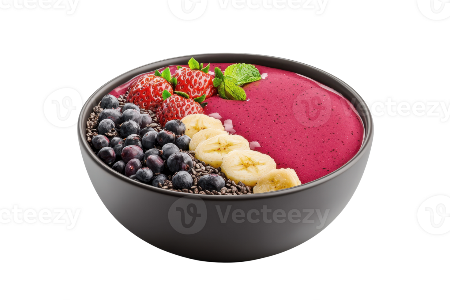 A colorful smoothie bowl topped with fresh strawberries, bananas, blueberries, and mint leaves. png