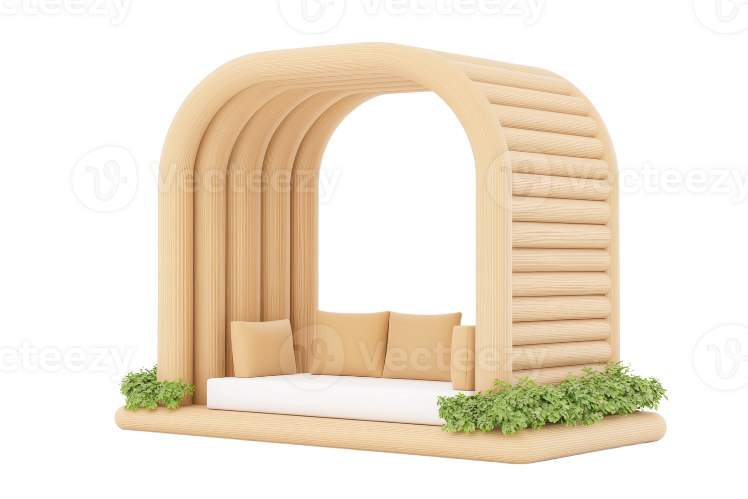 A modern architectural seating structure featuring a curved design, soft cushions, and decorative greenery. png