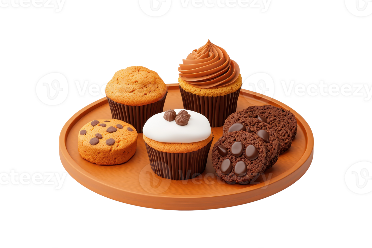 A plate featuring assorted cupcakes and cookies, showcasing a variety of flavors and textures in an appealing arrangement. png