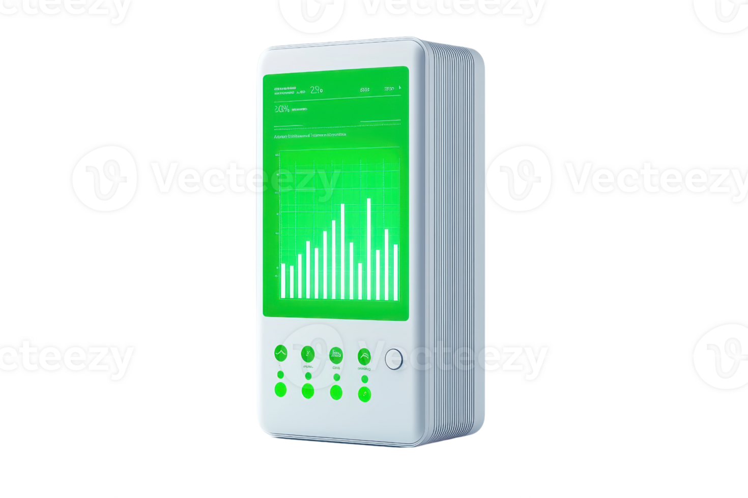 A sleek, modern device featuring a bright green display and multiple buttons, ideal for data analysis and monitoring. png