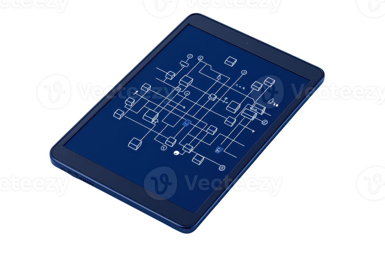 A sleek tablet displays intricate circuit patterns in a striking blue layout. png