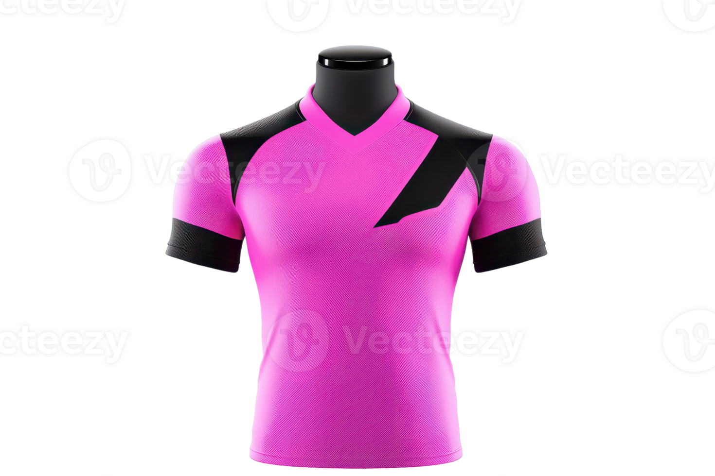 A vibrant pink athletic shirt with black accents, featuring a modern design and a fitted silhouette displayed on a mannequin. png