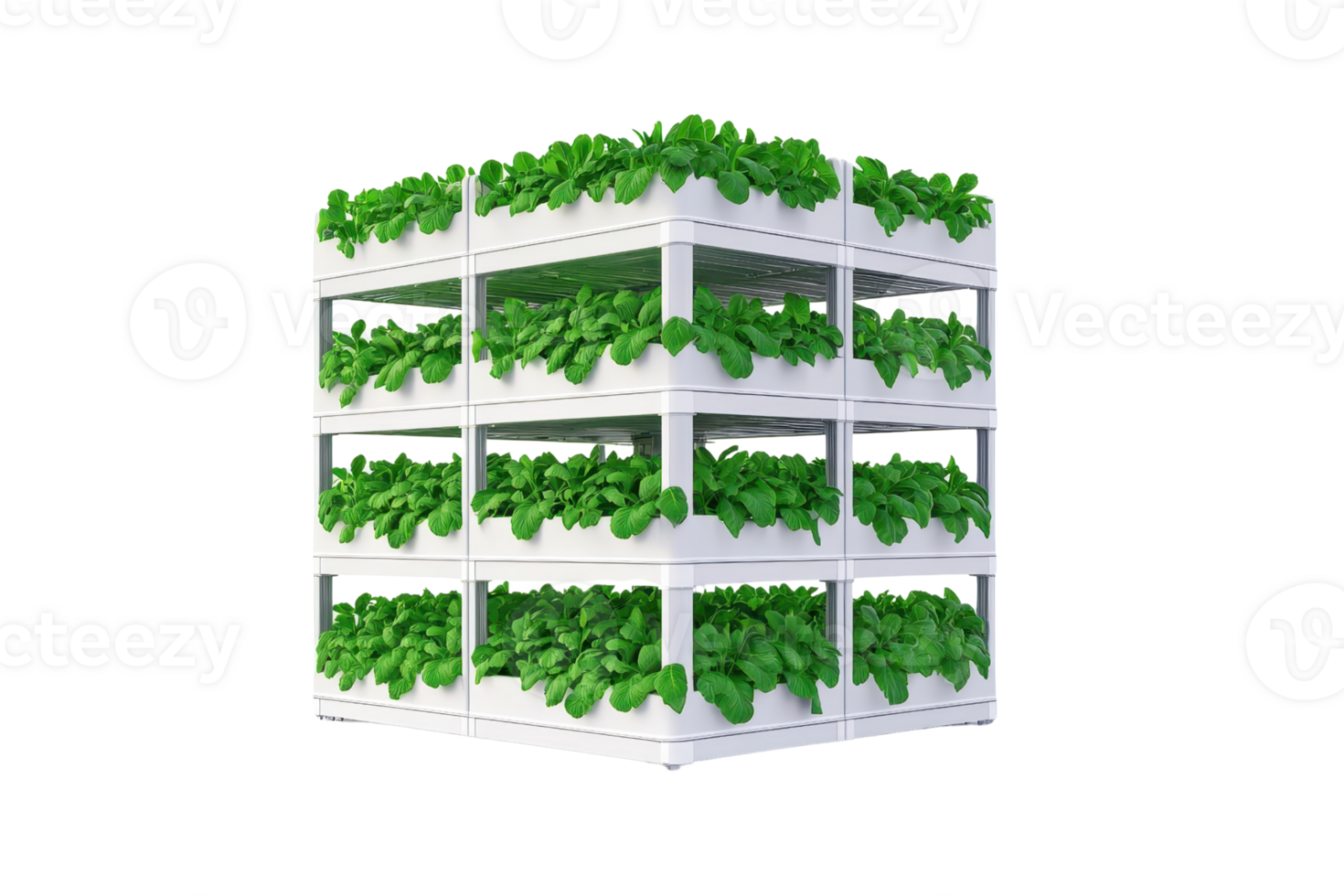 A vertical stack of white crates filled with vibrant green plants, showcasing a modern approach to urban gardening and hydroponics. png