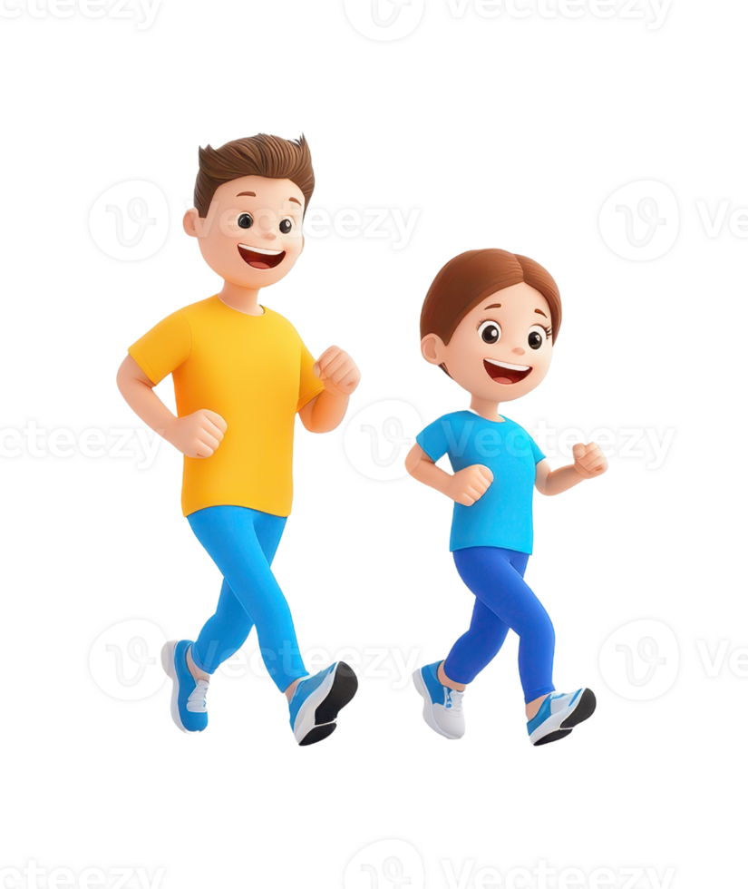 Two cartoon characters, a boy in a yellow shirt and a girl in a blue shirt, are happily jogging side by side. png
