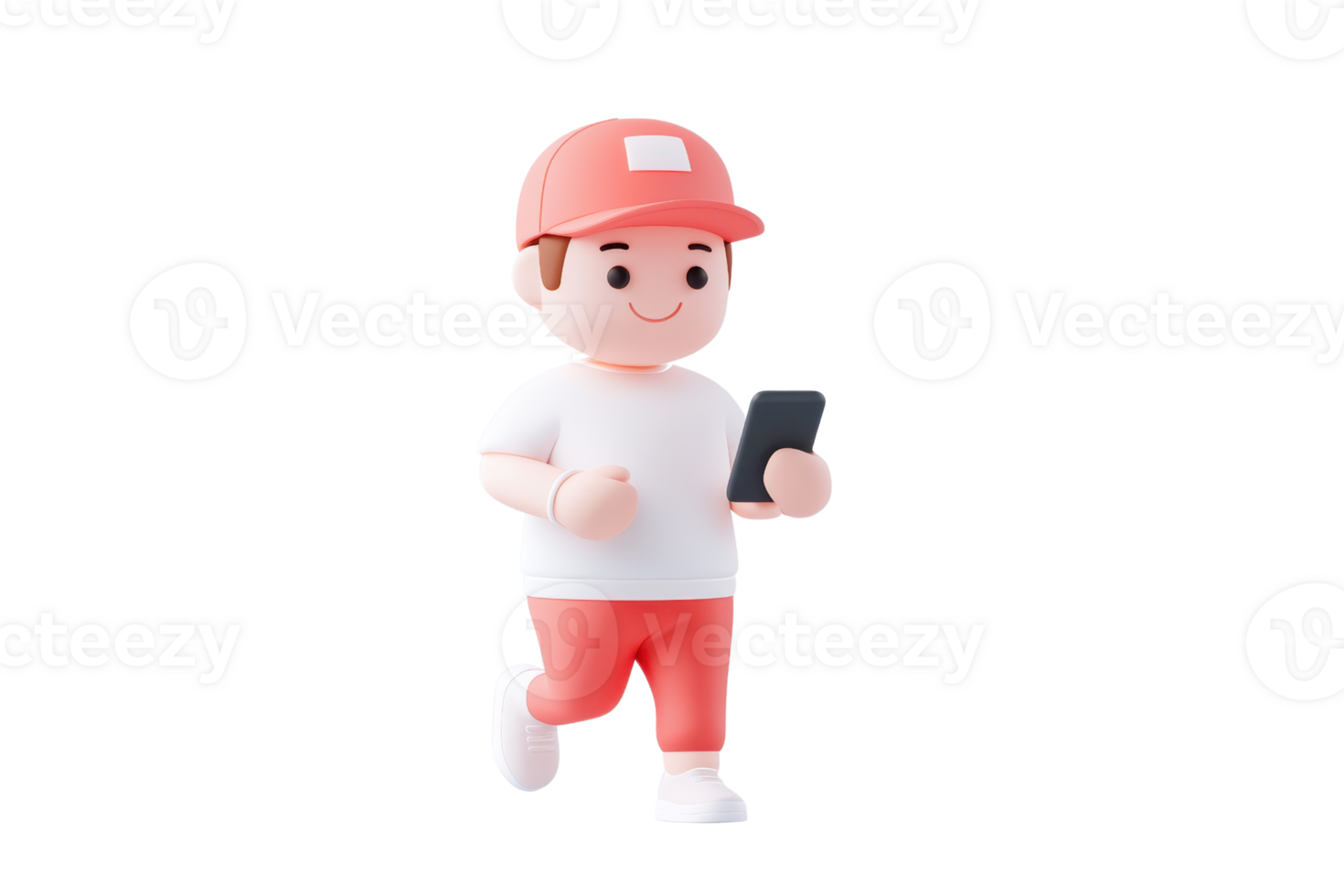 A cheerful character in a red cap and shirt jogs while holding a smartphone. png
