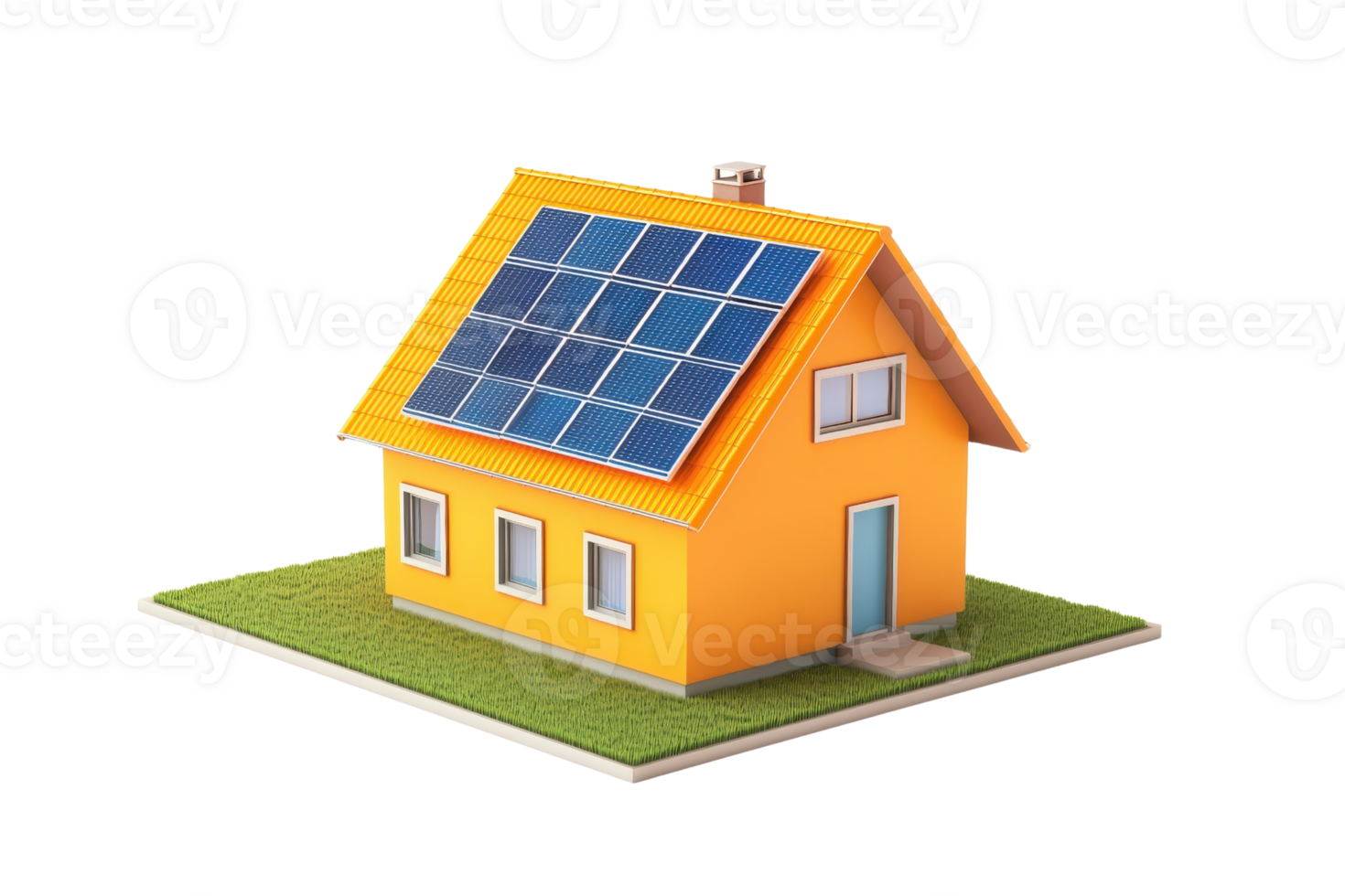 A vibrant orange house featuring solar panels on the roof, showcasing renewable energy and modern design. png