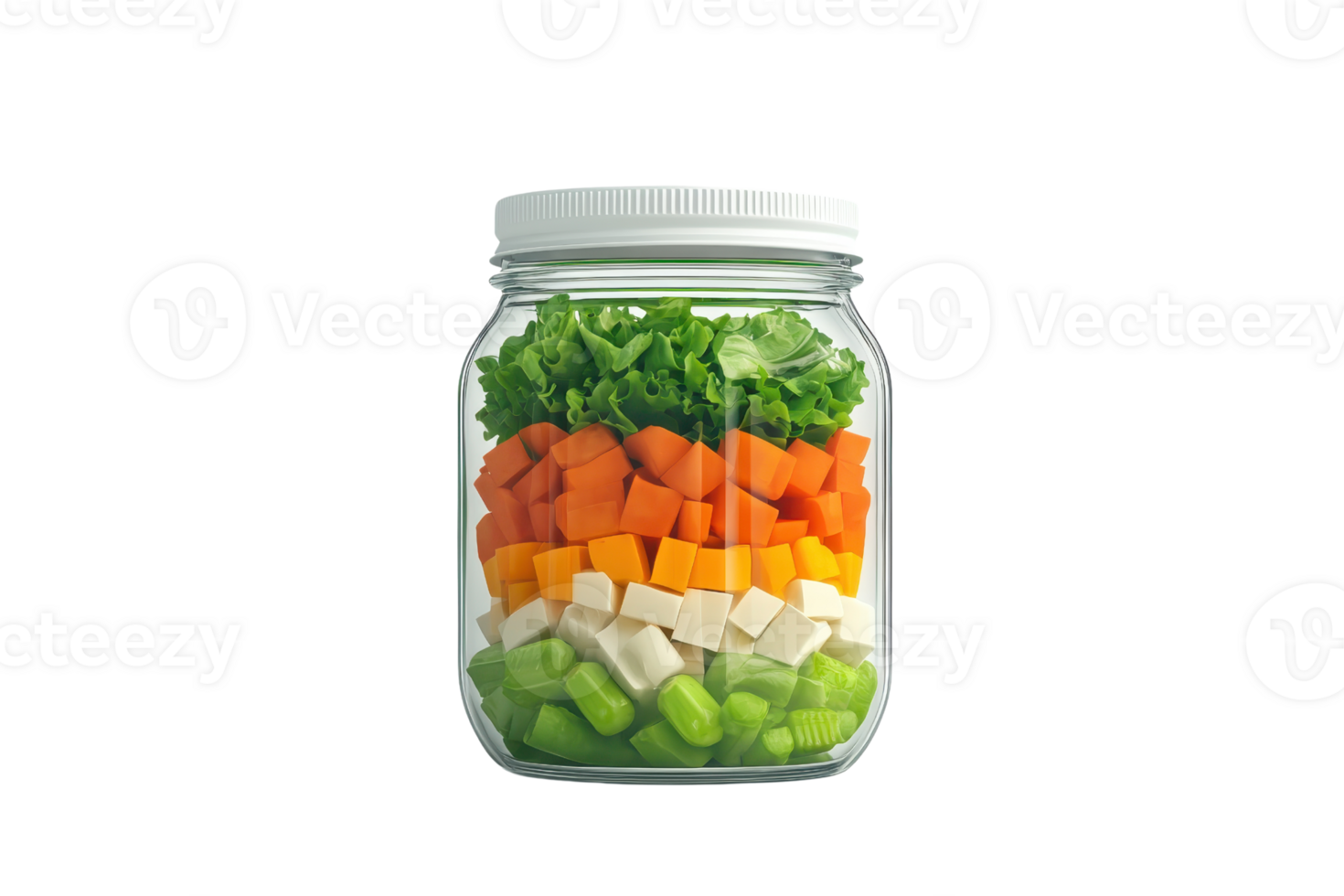 A layered jar filled with vibrant, diced vegetables arranged in colors. png
